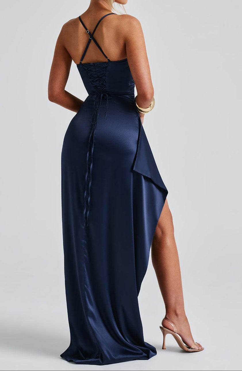 Women's Spaghetti Strap Maxi Dress with High Slit in Navy