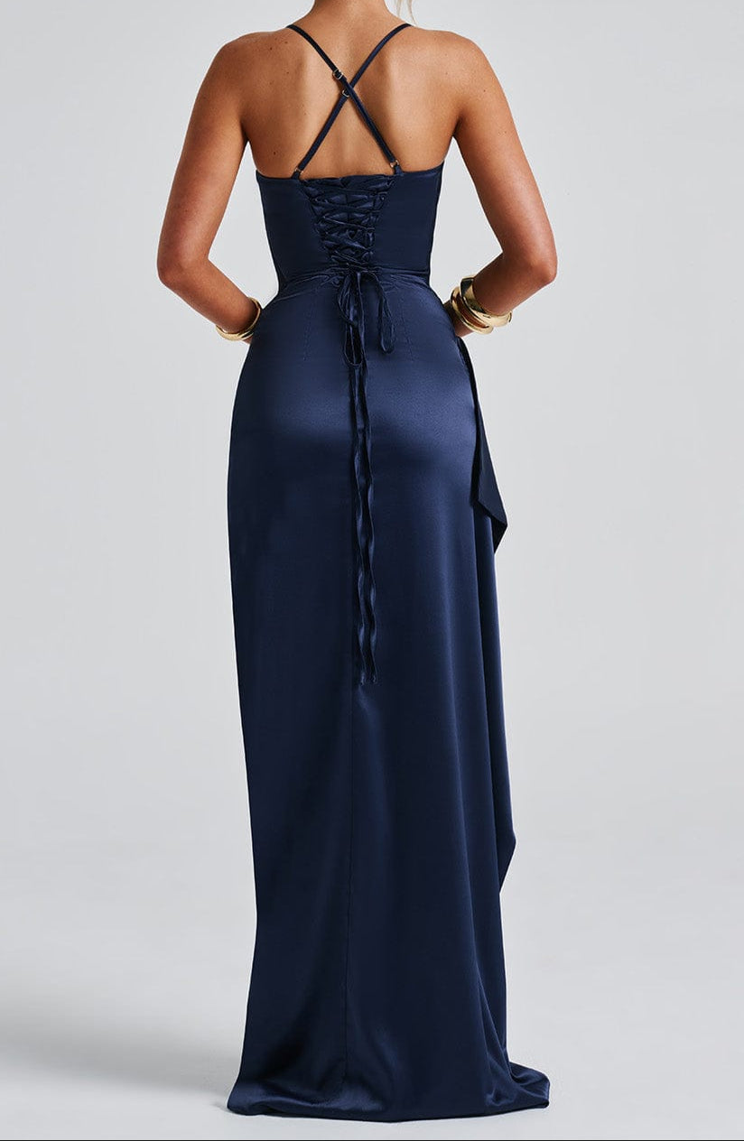 Women's Spaghetti Strap Maxi Dress with High Slit in Navy