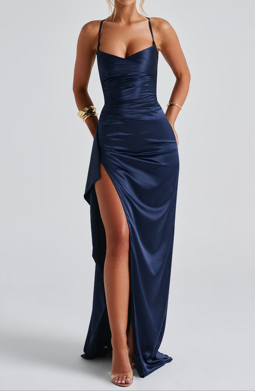 Women's Spaghetti Strap Maxi Dress with High Slit in Navy